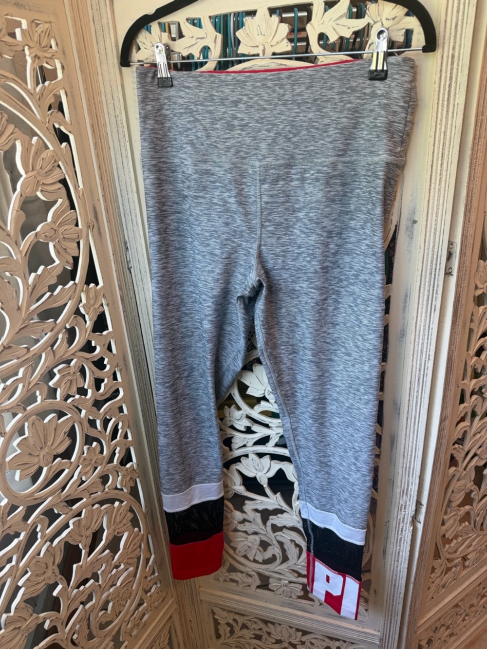 PINK Victoria's Secret  Heather Gray Leggings with Red and Black mesh Cuffs
